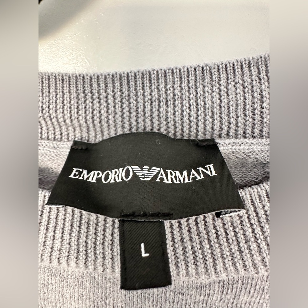 Emporio Armani  Embroidered Zigzag Wool Sweater – Gray Crewneck - Picture 9 of 9